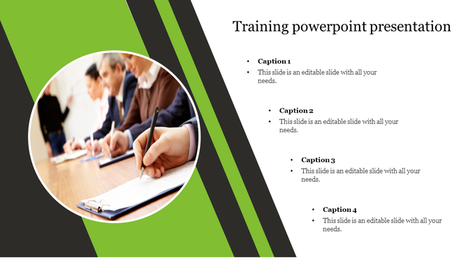 Training slide with a image of people writing on clipboards, set against a green and black background with captions