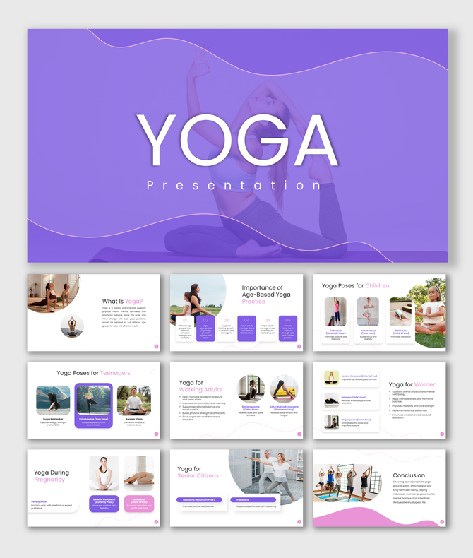 Yoga presentation with calm purple tones, flowing shapes, yoga pose visuals, and clear layouts for all age groups.