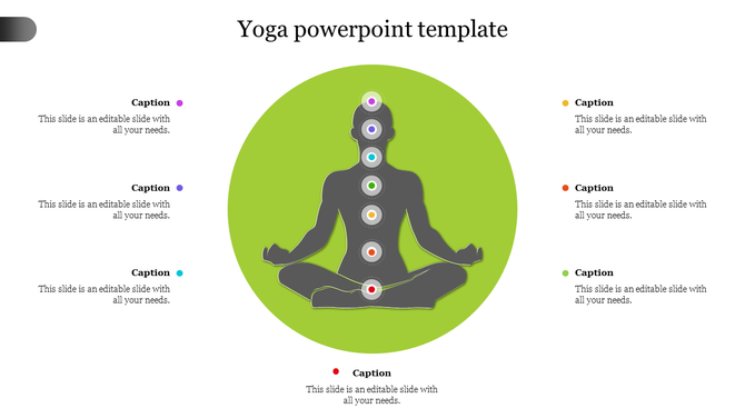 Yoga PowerPoint template showing a seated figure with seven chakra points highlighted with captions.