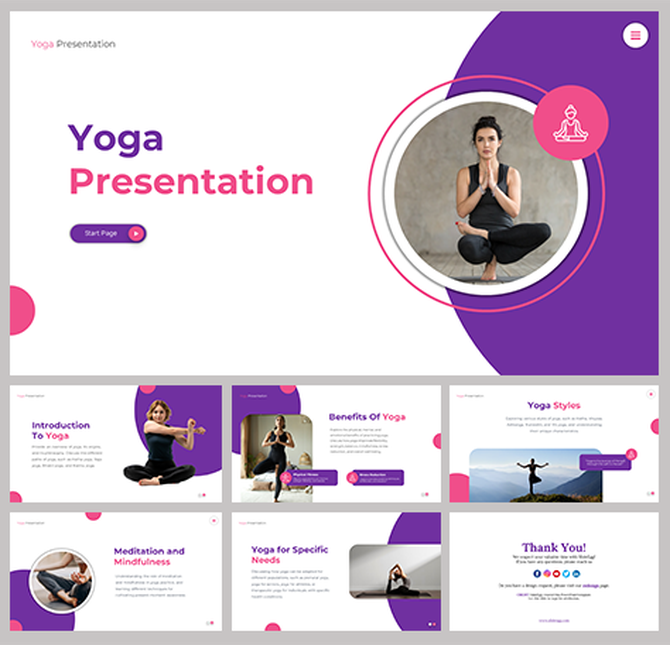 Slide deck with purple and pink design, featuring yoga poses, meditation benefits, and specific needs for practice.