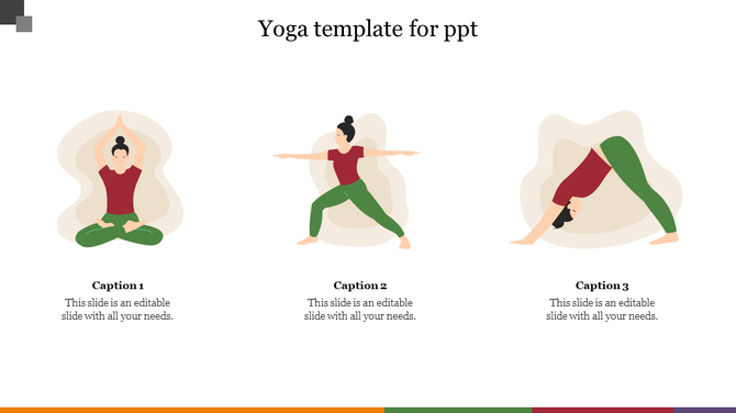 Yoga PowerPoint template showcasing three poses seated meditation, warrior pose, and downward dog with captions.