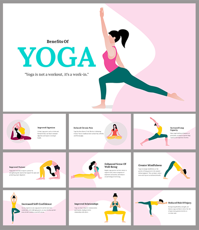 Slides with pink accents, showing different yoga poses and their benefits such as improved posture and mindfulness.