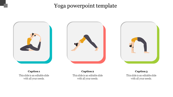 Yoga slide with three square icons, each featuring a stylized figure in different yoga poses, placed on colored shadows. 