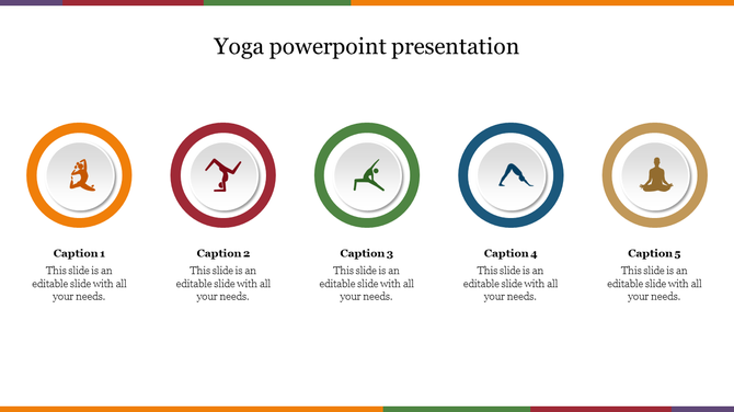 A Yoga PowerPoint presentation slide featuring icons of yoga poses with caption spaces.