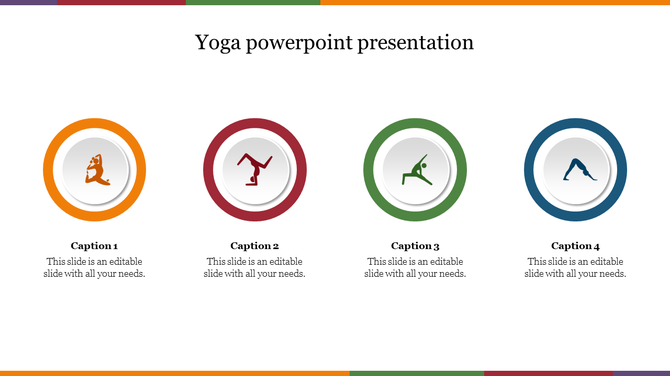 Yoga PowerPoint slide featuring four circular icons representing yoga poses with captions for detailed descriptions.