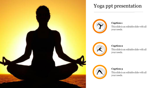 Slide featuring a peaceful sunset meditation silhouette with numbered captions areas for yoga-related content.