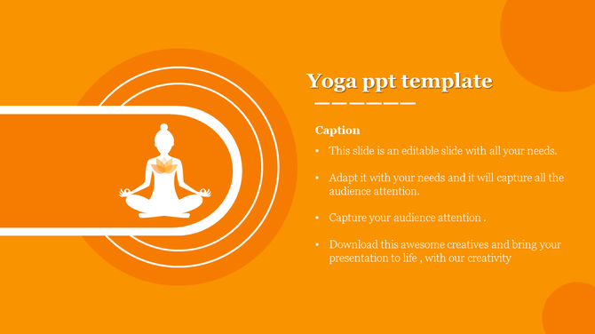 Yoga PPT slide with an orange background and a silhouette of a person meditating in a lotus pose with a caption.