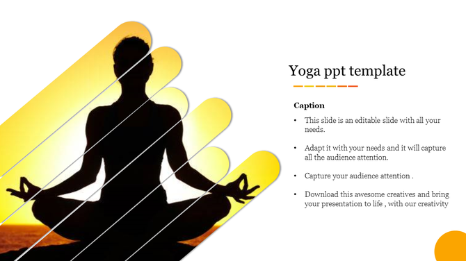 Yoga slide with a silhouetted person meditating against a golden sunset background, overlaid with diagonal design elements.