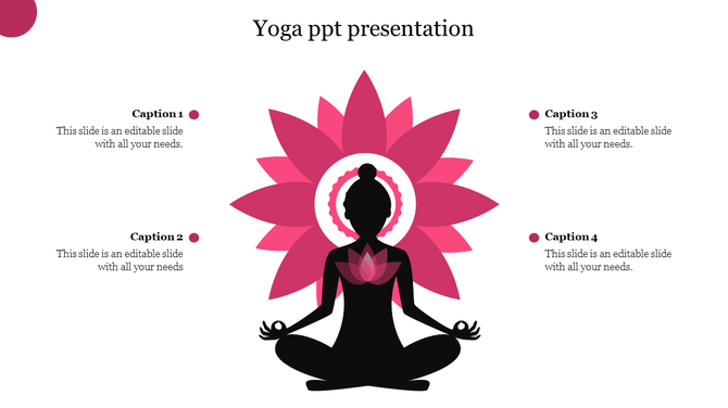 Yoga slide with a central pink lotus and meditating silhouette in black, surrounded by four captions in dots on both sides.