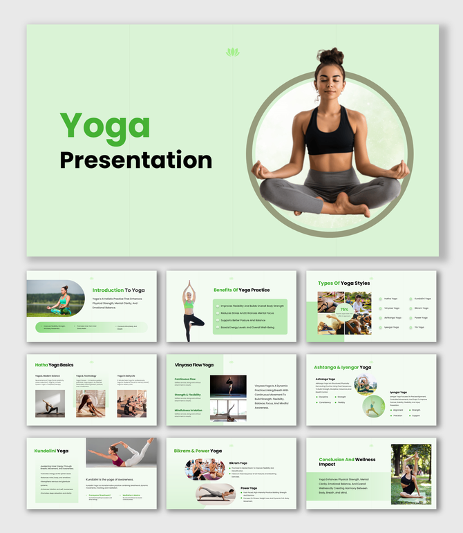 Yoga Presentation showing yoga poses, soft green colors, rounded shapes, benefit lists, and calm layouts.
