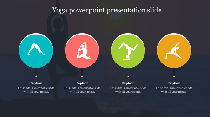 Slide with four circular icons in teal, red, green, and yellow, each depicting a different yoga pose, on a sunset background.
