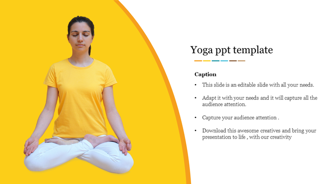 Yoga PowerPoint template featuring a person meditating in a yellow t shirt and white pants with text sections.