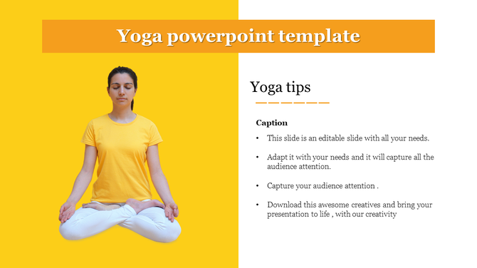 Yoga PPT slide featuring a woman meditating in a lotus pose against a vibrant yellow background with text on the right.