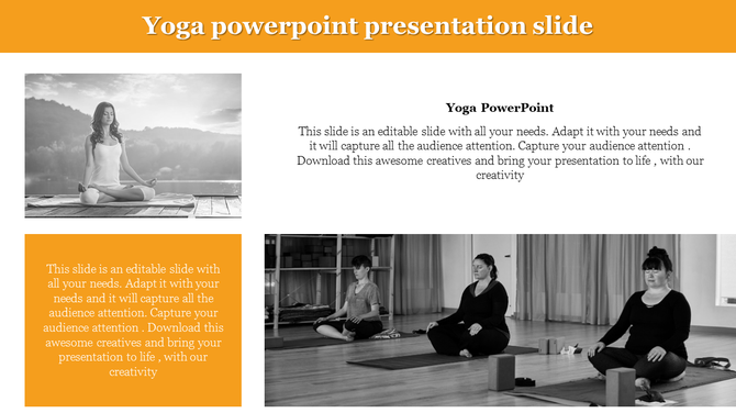 Yoga slide with a monochrome image of a person meditating outdoors and a group practicing indoors, with a yellow caption box.
