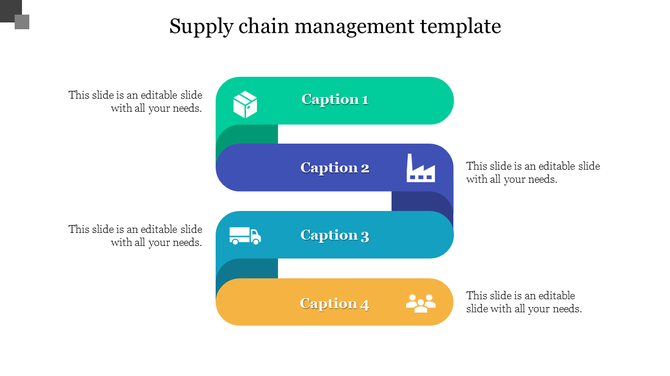 Vertical supply chain infographic with interlocking banners, each labeled with an icon and caption in different colors.