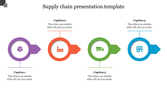 Supply chain presentation template featuring four stages with color coded icons and captions with placeholder text.