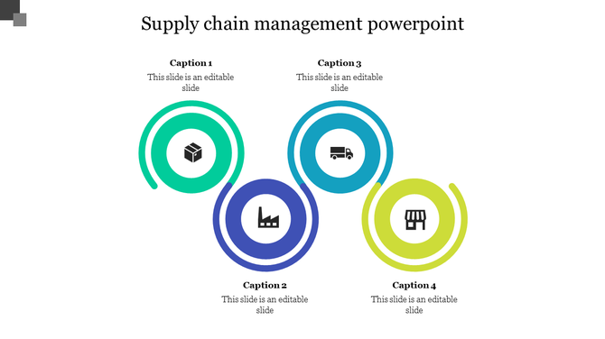 Supply chain infographic with four spiral ringed icons in green, blue, and yellow, each representing a key logistics stage. 