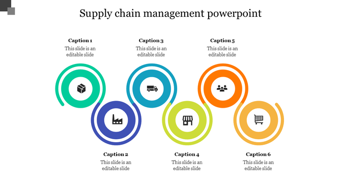 Slide featuring six circular elements in vibrant colors and icons illustrating various supply chain steps.