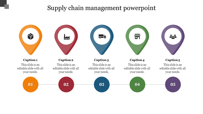 Supply chain slide five colorful location marker icons in orange, red, blue, green, and purple, with numbered labels below.