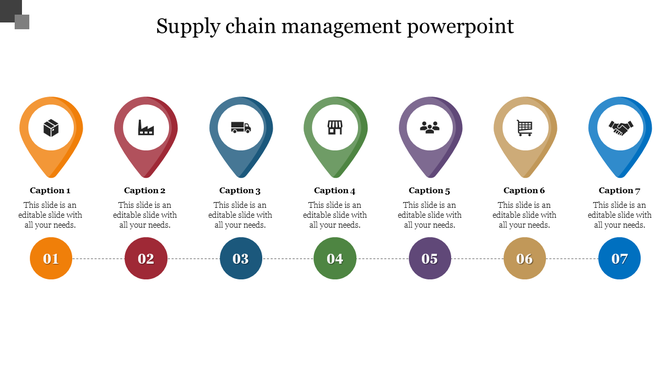 Supply chain slide with seven colored map pin icons, each with captions, and matching numbered labels below.