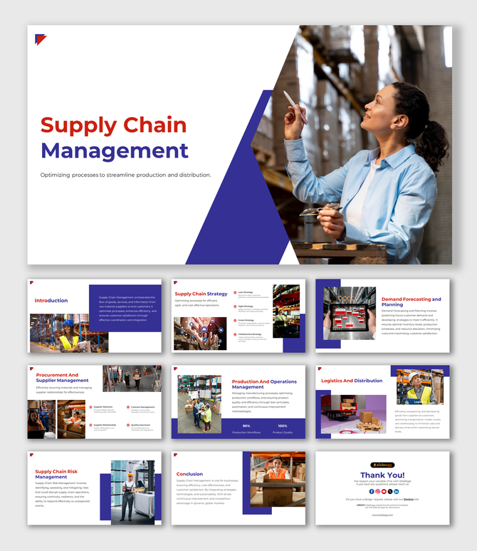 Slide deck on supply chain management with topics on strategy, logistics, risk management, and operational planning.