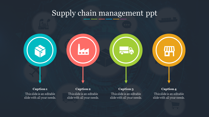 Supply chain management PowerPoint with four colorful icons and captions with placeholder text.