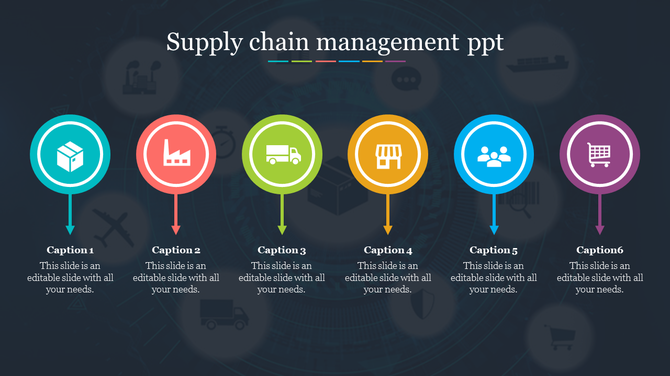 Supply chain infographic with six icons, each representing a stage, connected by downward arrows on a dark background. 