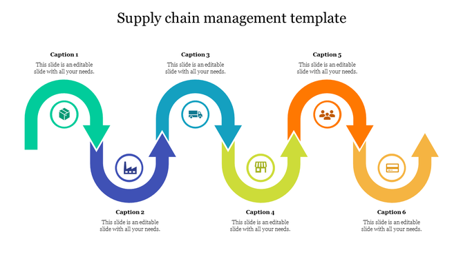 Wavy supply chain diagram with six arrows in different colors, each linked to circular icons representing logistics stages. 