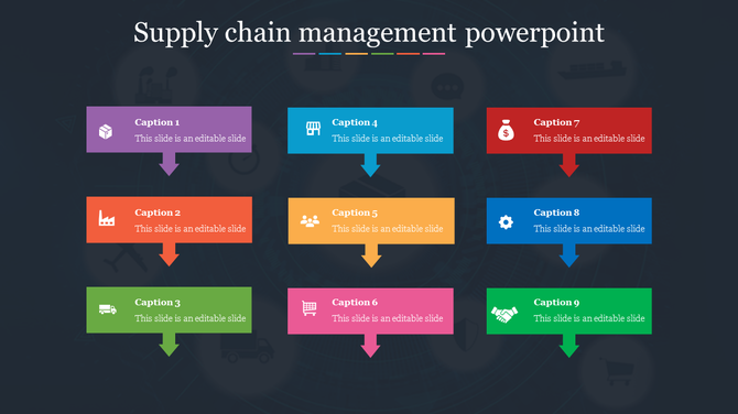 Nine colored sections linked by arrows, representing various steps in the supply chain process, on a blue backdrop.