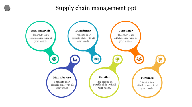 Supply chain management slide with circular icons in green, blue, orange, purple, lime, and yellow, each with icons.