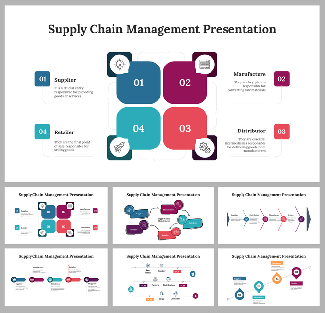 Supply chain management PPT slides with many stages explaining their roles in the process in different layout designs.