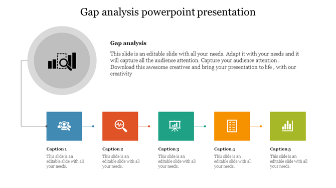 Slide with a central icon representing gap analysis and five colorful square boxes with icons and placeholder text.