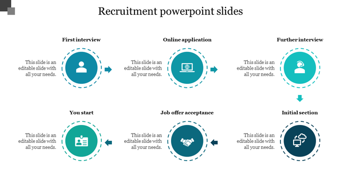 Recruitment process infographic with six icons linked by arrows, representing stages from application to job acceptance.