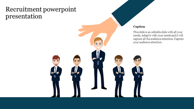 Illustration of five suited figures standing in a row, with a hand picking one, and text with a dark teal bottom.