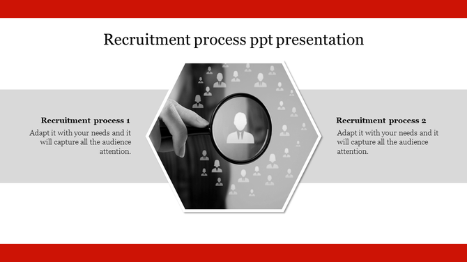 Recruitment process slide with a image of a hand holding a magnifying glass over candidate icons, with two text sections.