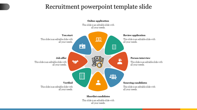 Recruitment process PPT slide with colorful circular flow diagram showcasing various stages from application to job offer.