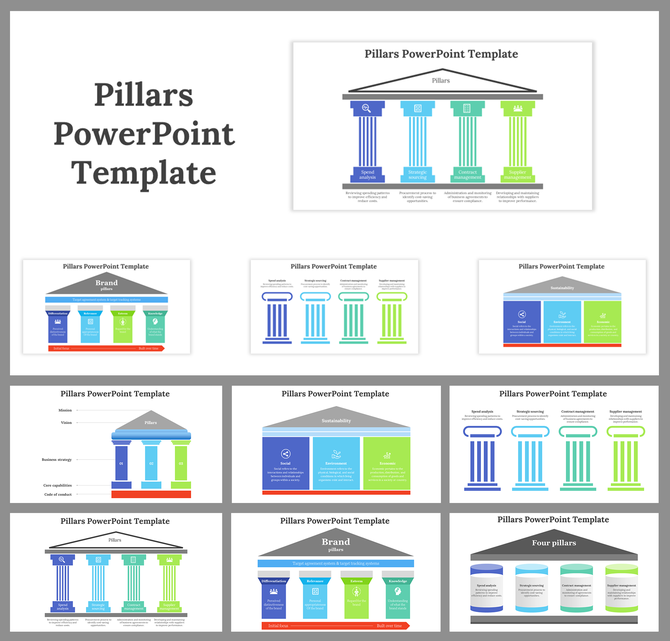 Four pillar-themed PowerPoint slides, each featuring various column designs and labels representing different concepts.