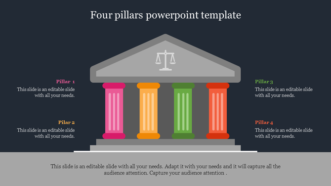 Slide with four colorful pillars pink, yellow, green, and red on a dark background, each with matching text areas.