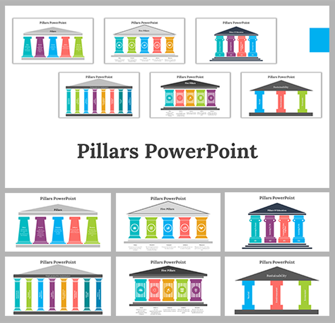 Slide deck featuring colorful pillar diagrams in various layouts, representing different concepts in vibrant tones.