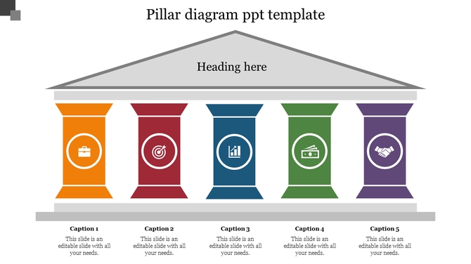 Pillar slide with five colorful columns in orange, red, blue, green, and purple, under a roof structure, each with icons.