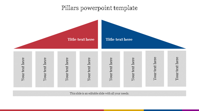 Pillars PPT template with two large triangular sections labeled and multiple smaller sections below for entering content.