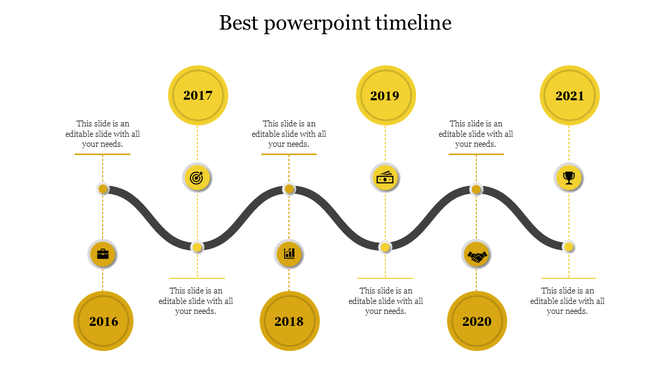 Best timeline PowerPoint template showcasing milestones for 2016 to 2021 with yellow circular icons with placeholder text.