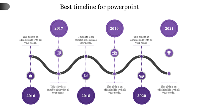 Business timeline with a black path linking six purple milestone circles from 2016 to 2021, each with an icon and caption. 