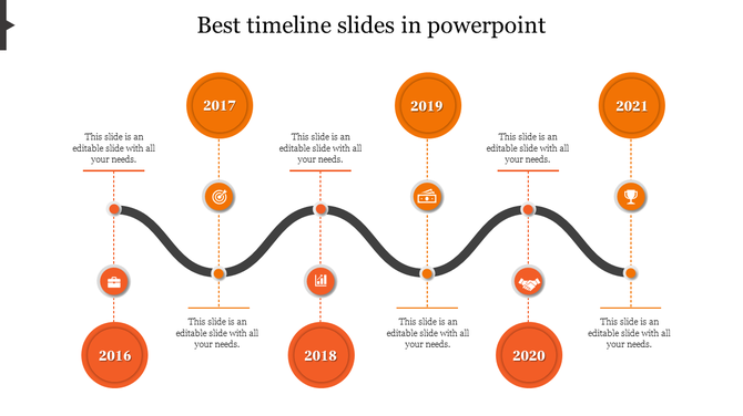 Timeline with orange circular markers for each year, connected by a curved line, spanning from 2016 to 2021.