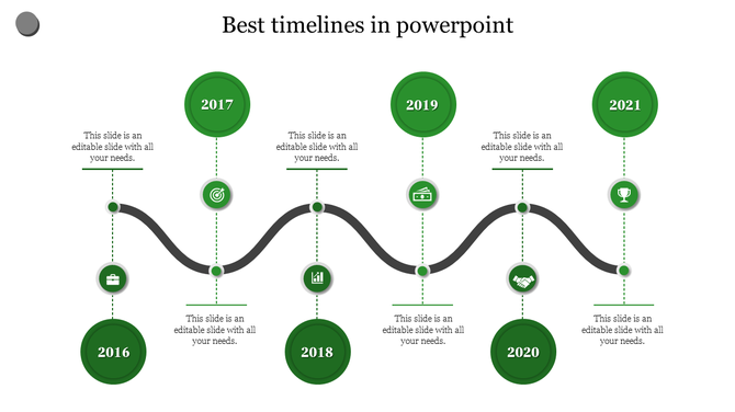 Best timeline PowerPoint template showcasing milestones for 2016 to 2021 with green circular icons with placeholder text.