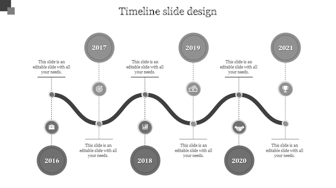 Monochrome timeline with circular milestone markers for years 2016 to 2021, each linked to an icon and text placeholder. 
