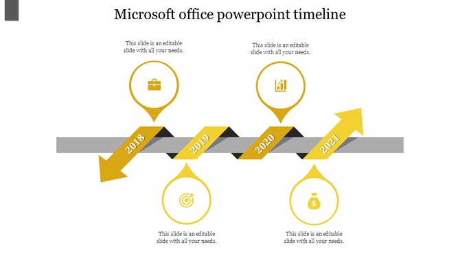 Business timeline with a slanted yellow ribbon, featuring arrows for years 2018-2021 and milestone icons above and below. 