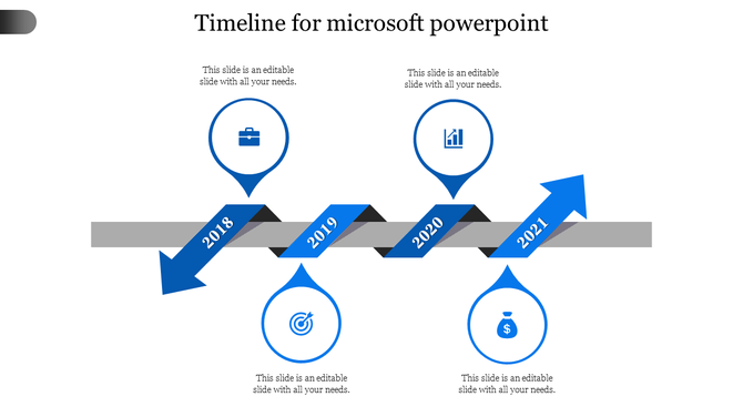 Business timeline with a black and blue ribbon, featuring arrows for years 2018-2021 and milestone icons above and below. 
