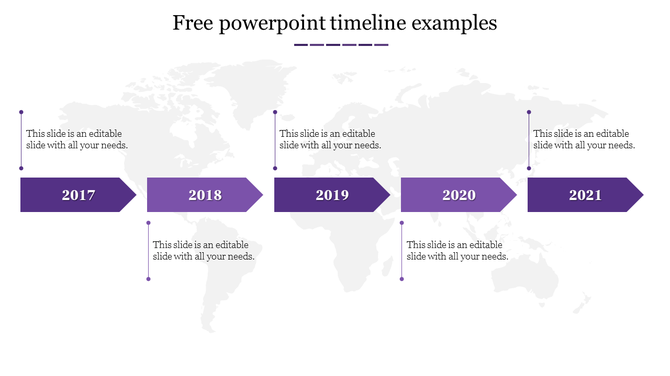 Five purple arrows on a timeline showing the years from 2017 to 2021, placed over a faint world map.