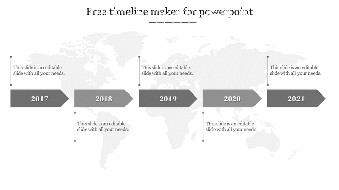 Horizontal timeline with five gray arrow markers for each year from 2017 to 2021, on a world map background.